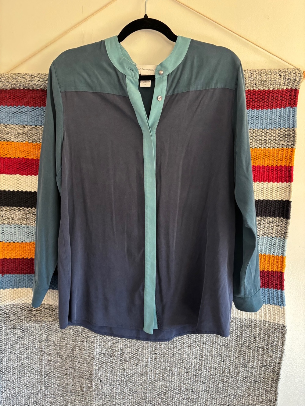 Soft Surroundings Two-Tone Slate and Teal Silk Button-Down Blouse
